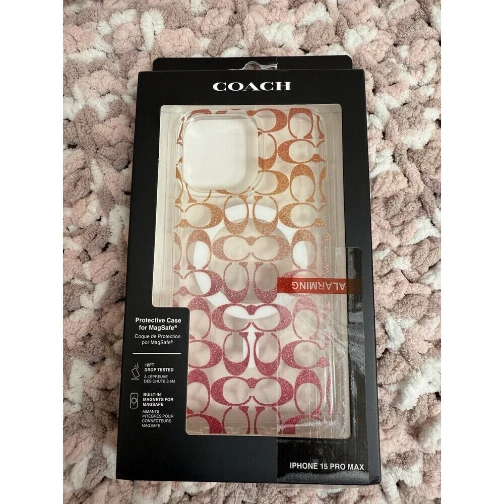 Coach iPhone 15 Pro Max MagSafe Protective Case Signature C  Pink Sparkle Ombré